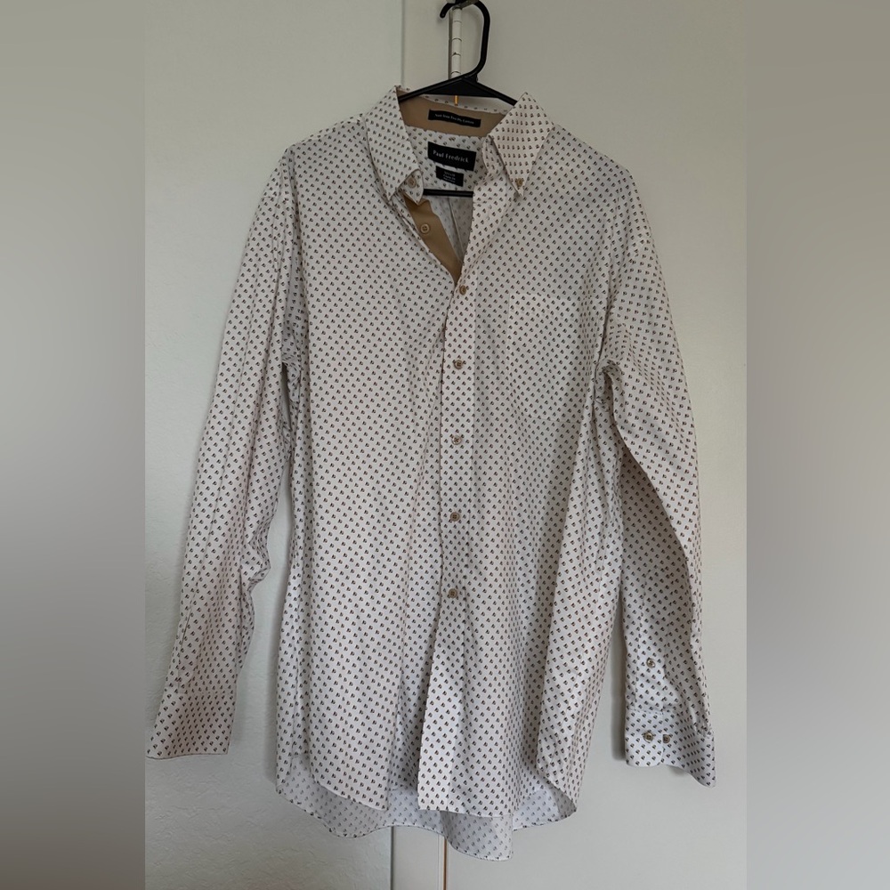Paul Fredrick White Shirt Non Iron Two Ply Cotton with Beige Dots